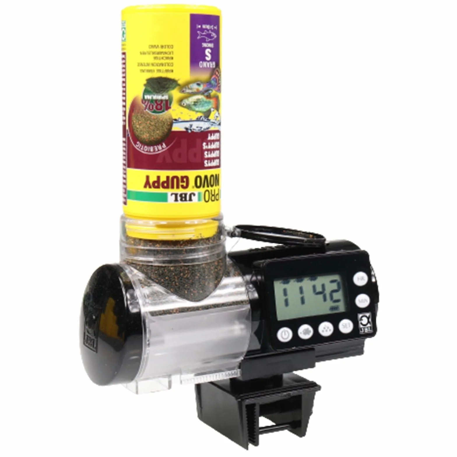 JBL PRONOVO AUTOFOOD, karma do akwarium, karmienie granulatem do karmy dla ryb do 4 x dziennie, w zestawie uchwyt i pierścień adaptera do zwiększenia objętości do 375 ml, czarny