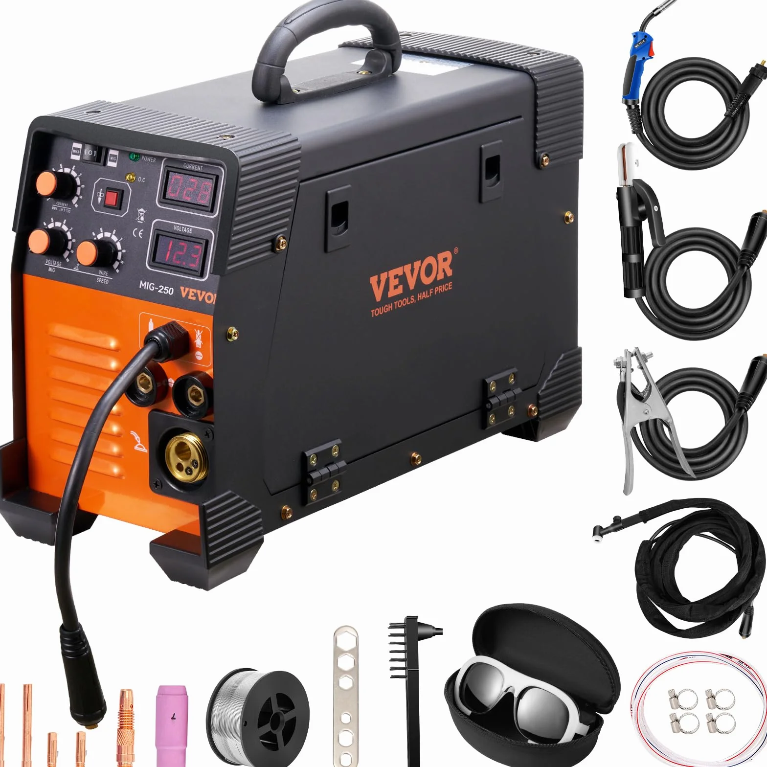 VEVOR Spawarka MIG/MMA/TIG 3 w 1 50–250 A, spawanie drutem wypełniającym (0,8 mm i 1 mm), technologia IGBT 2,2-12 m/min, prędkość drutu 5,6 kVA, znamionowa moc wejściowa, stopień ochrony IP21S