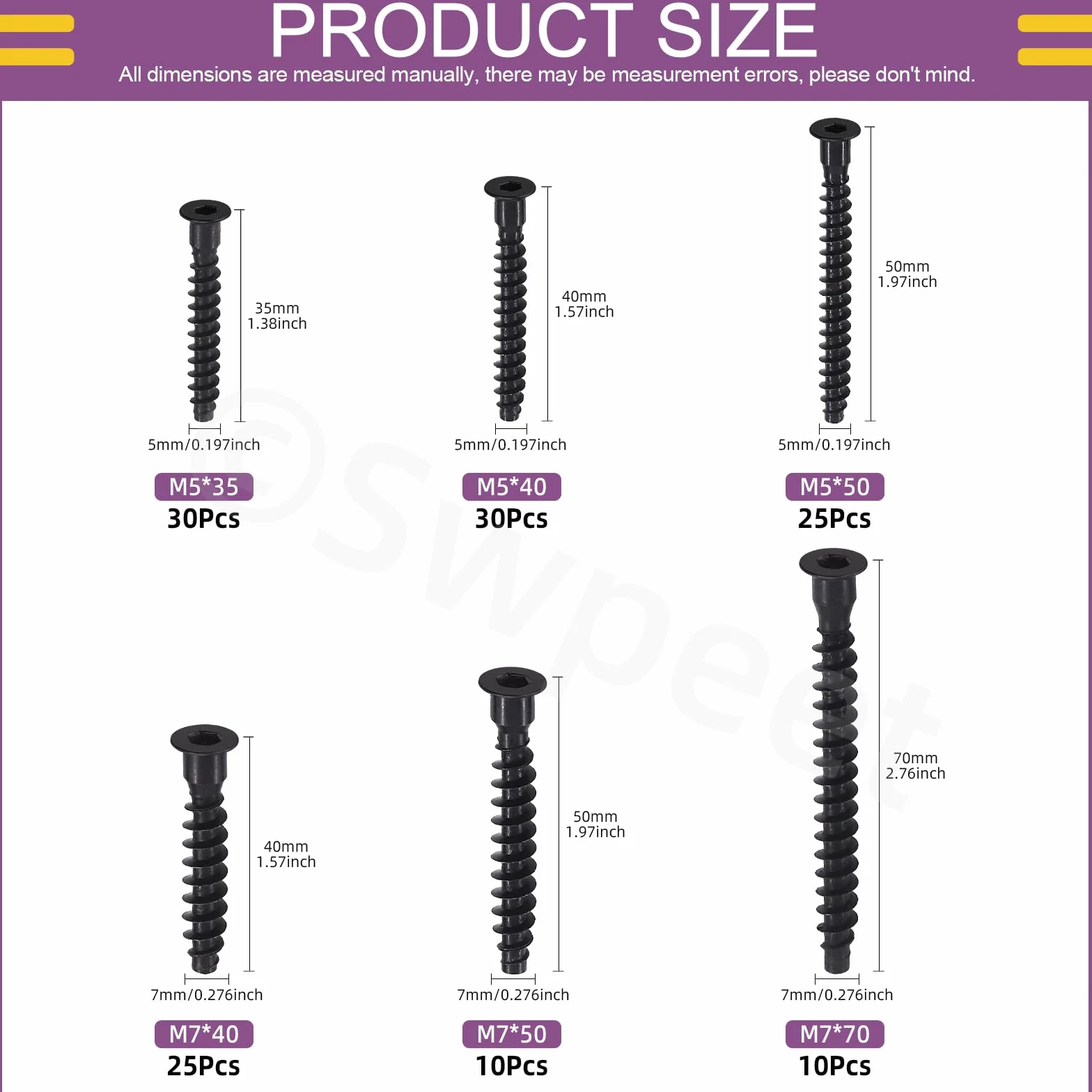 Swpeet 130 sztuk 6 rozmiarów M5 x 35 mm/40 mm/50 mm & M7 x 40 mm/50 mm/70 mm Ocynkowane śruby Confirmat ze stali węglowej Zestaw asortymentowy, Wkręty meblowe łączące z łbem walcowym stożkowym