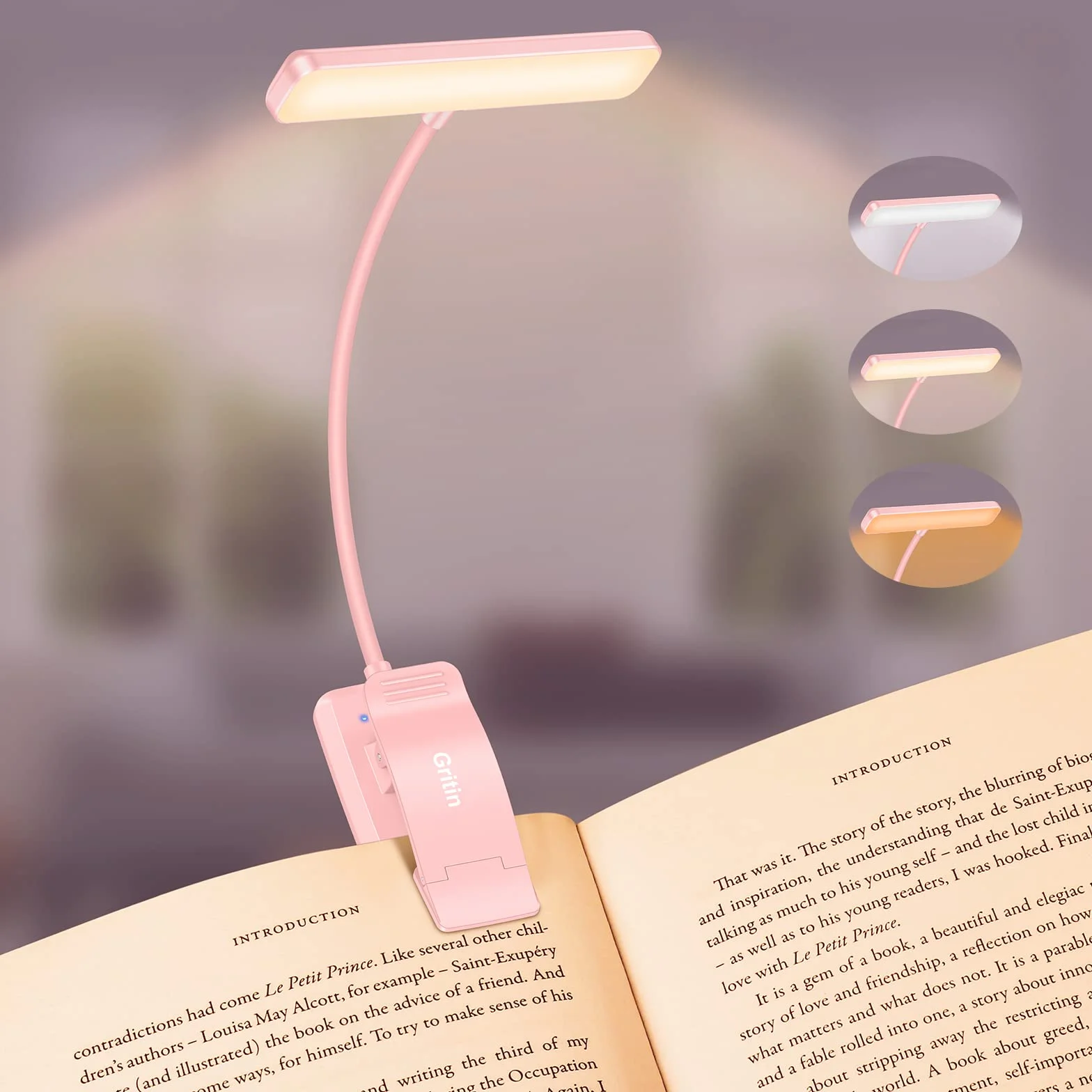 Gritin Lampka do Czytania 19 LED, Ładowana Przez USB, 3 Tryby Temperatury Barwowej, Długa żywotność baterii, Płynna Regulacja Jasności, Elastyczna Lampka Zaciskowa 360° do Czytania w Łóżku -Różowy