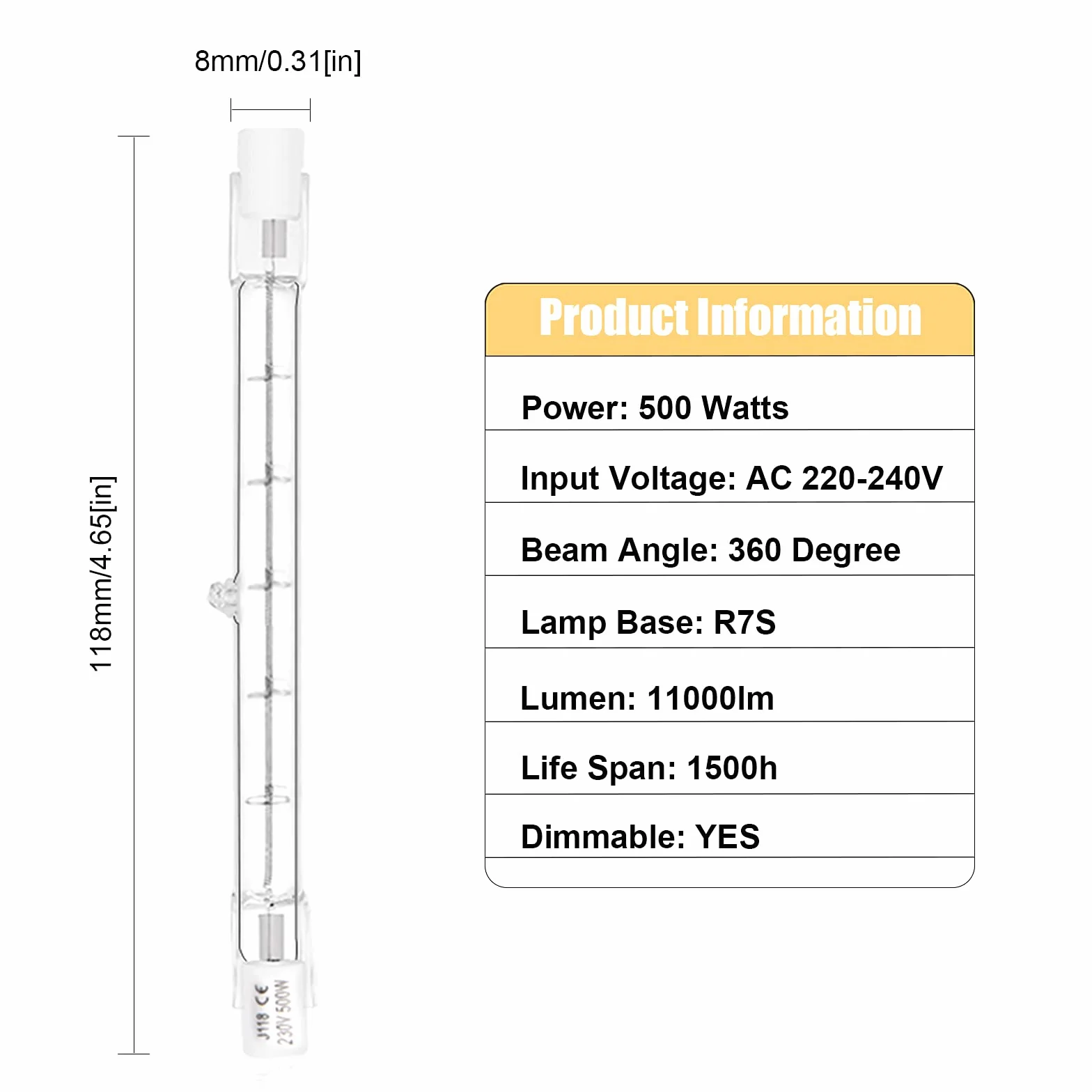 Klarlight R7s żarówka halogenowa 500W 118mm J118 11000 lumenów