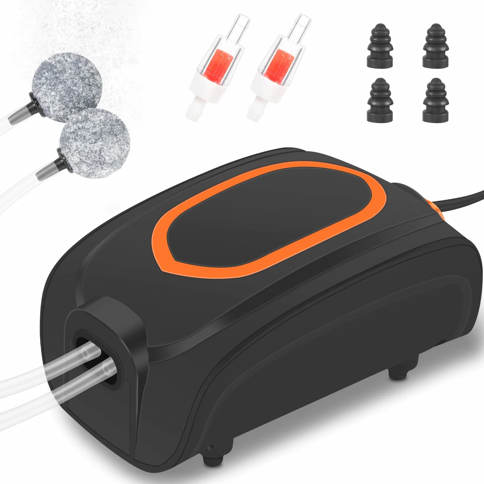 JAMATA Pompa powietrza do akwarium 4 W, regulowana, mini pompa powietrza z zaworem zwrotnym, cicha pompa tlenowa do akwarium < 45 dB, zestaw pompek powietrza do małych akwariów z wężem powietrza o
