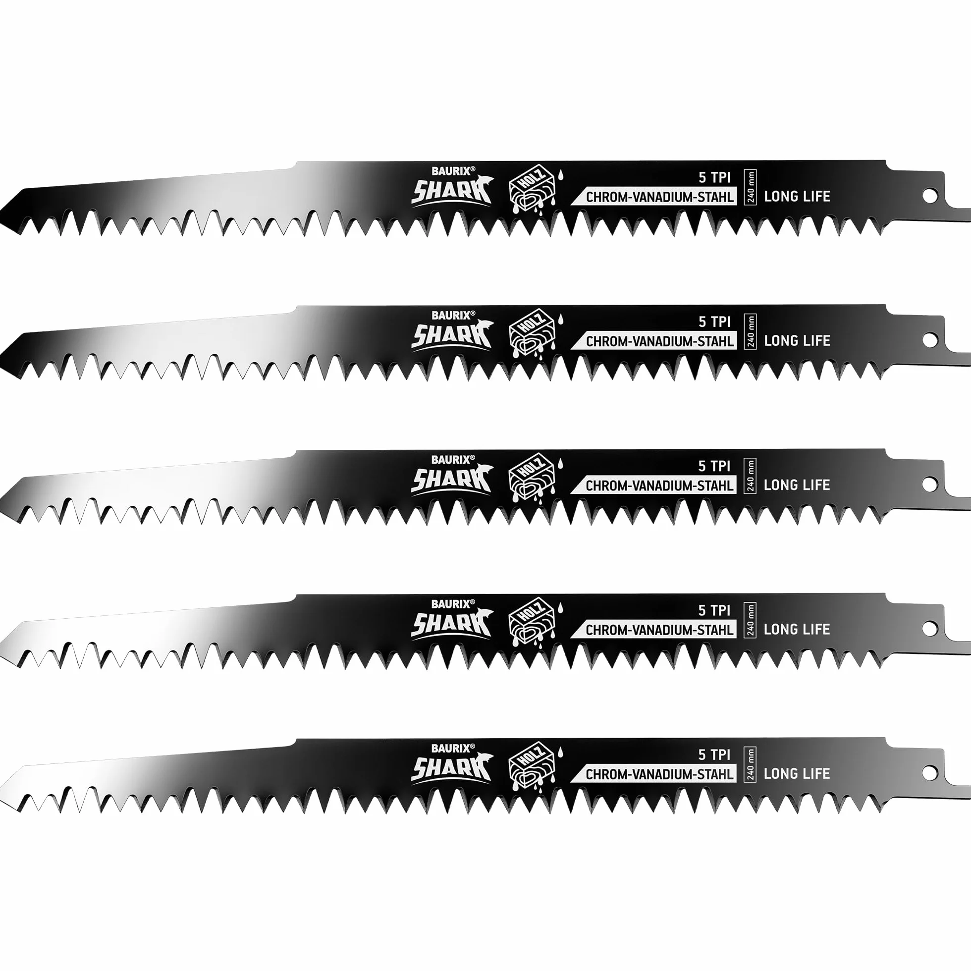 BAURIX® Brzeszczoty do wyrzynarki - SHARK® [5 sztuk] - 240mm - 5 TPI - Do szybkich, czystych cięć drewna