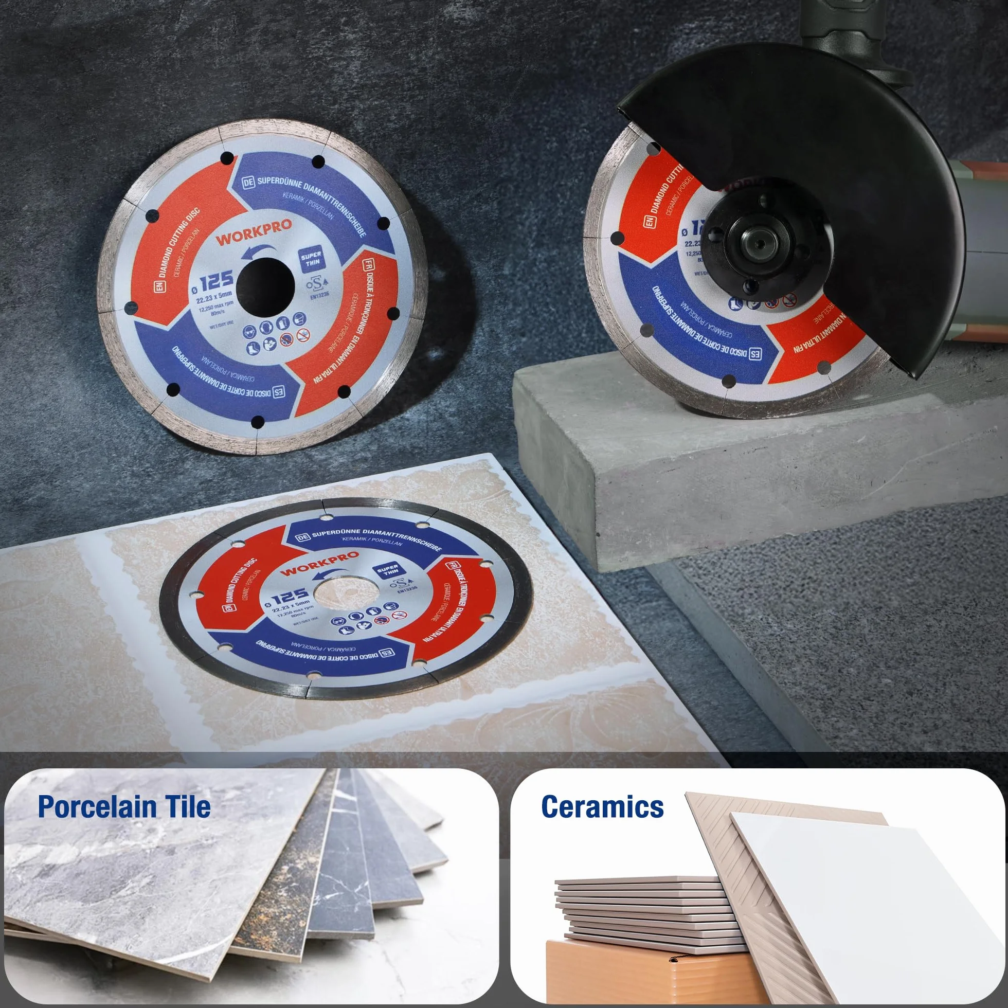 WORKPRO Zestaw 2 tarcz diamentowych 125 mm, ultra cienkie 1,2 mm do cięcia na sucho i wodę, do płytek, porcelany, ceramiki, betonu, marmuru, szlifierki