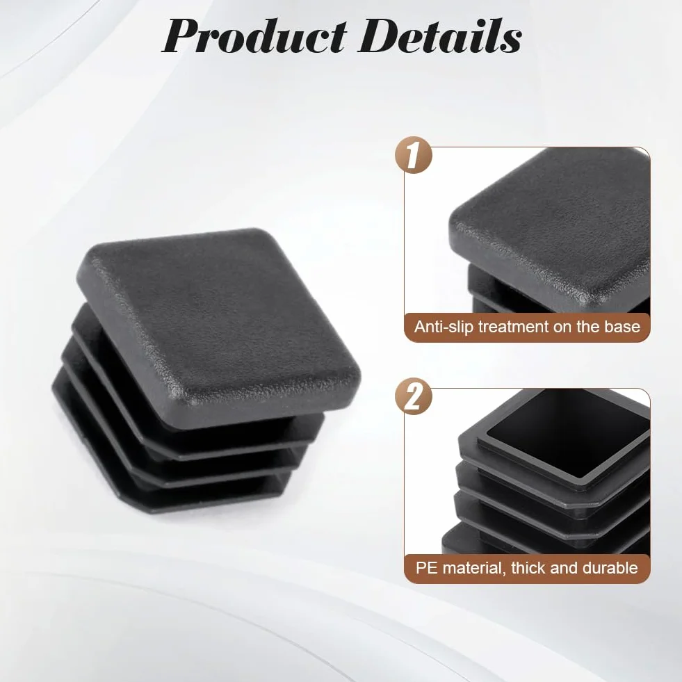 OSDUE Kwadratowe plastikowe zaślepki, 16 szt., 16 x 16 mm, czarna plastikowa zatyczka, antypoślizgowe podkładki pod nóżki mebli, nakładki na nóżki stołu, ochraniacze podłogi do łóżka, krzesła, sofy