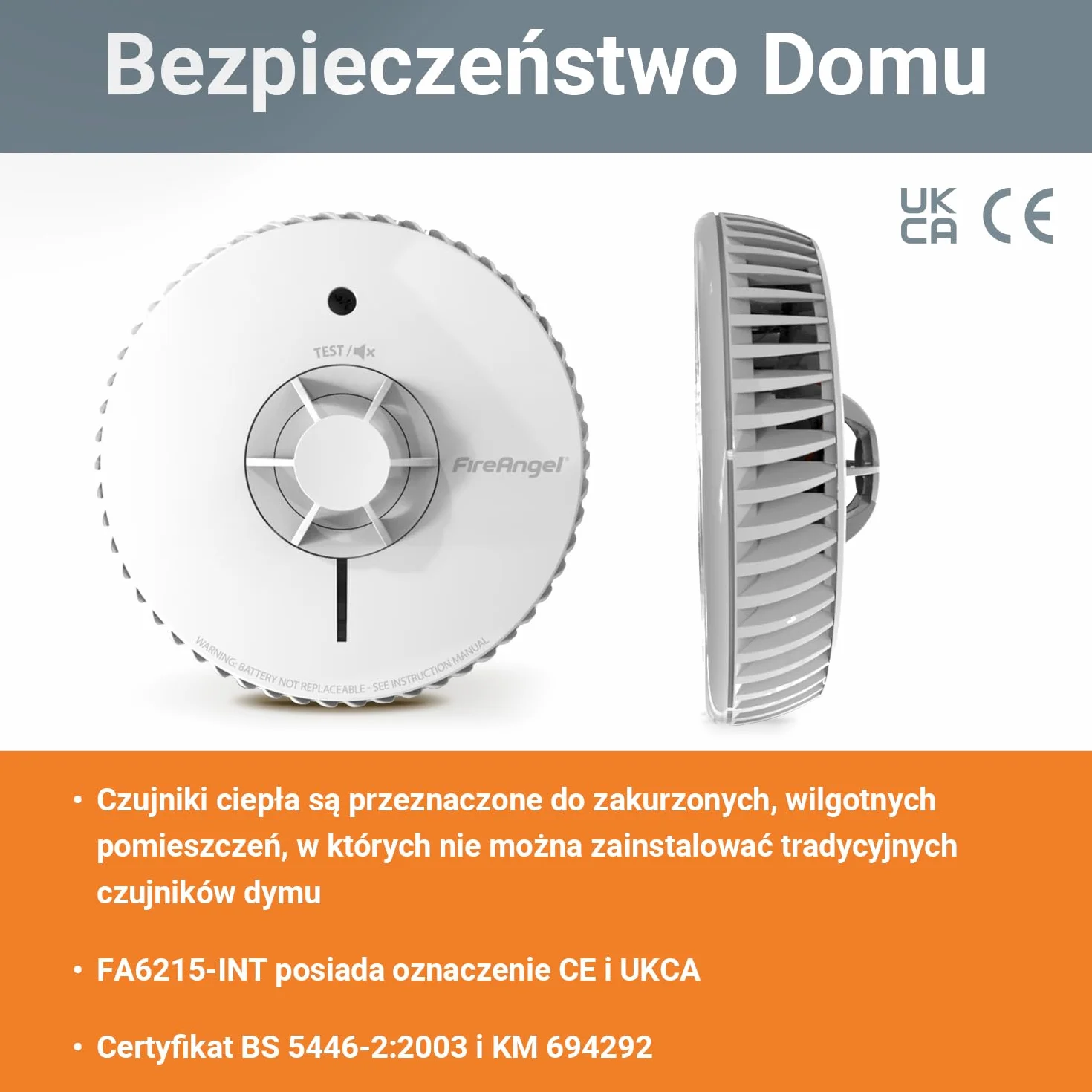 Fire Angel Czujnik Ciepła FA6215-INT Detektor Ciepła z Wymienną Baterią 5 Lat Biały