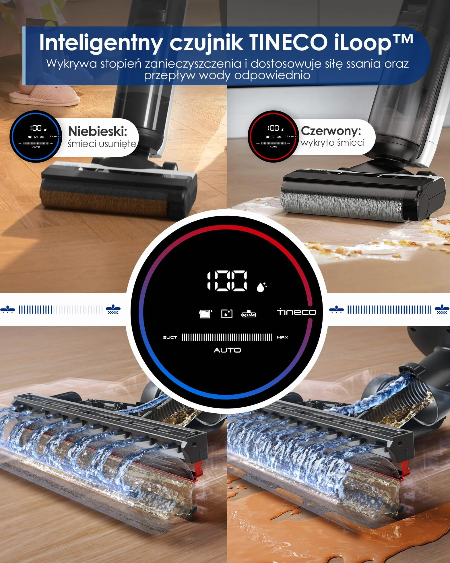 Tineco FLOOR ONE S5 Inteligentny bezprzewodowy odkurzacz na mokro i na sucho i mop do twardych podłóg, cyfrowy wyświetlacz, długi czas pracy, doskonały do ​​lepkiego bałaganu i sierści zwierząt