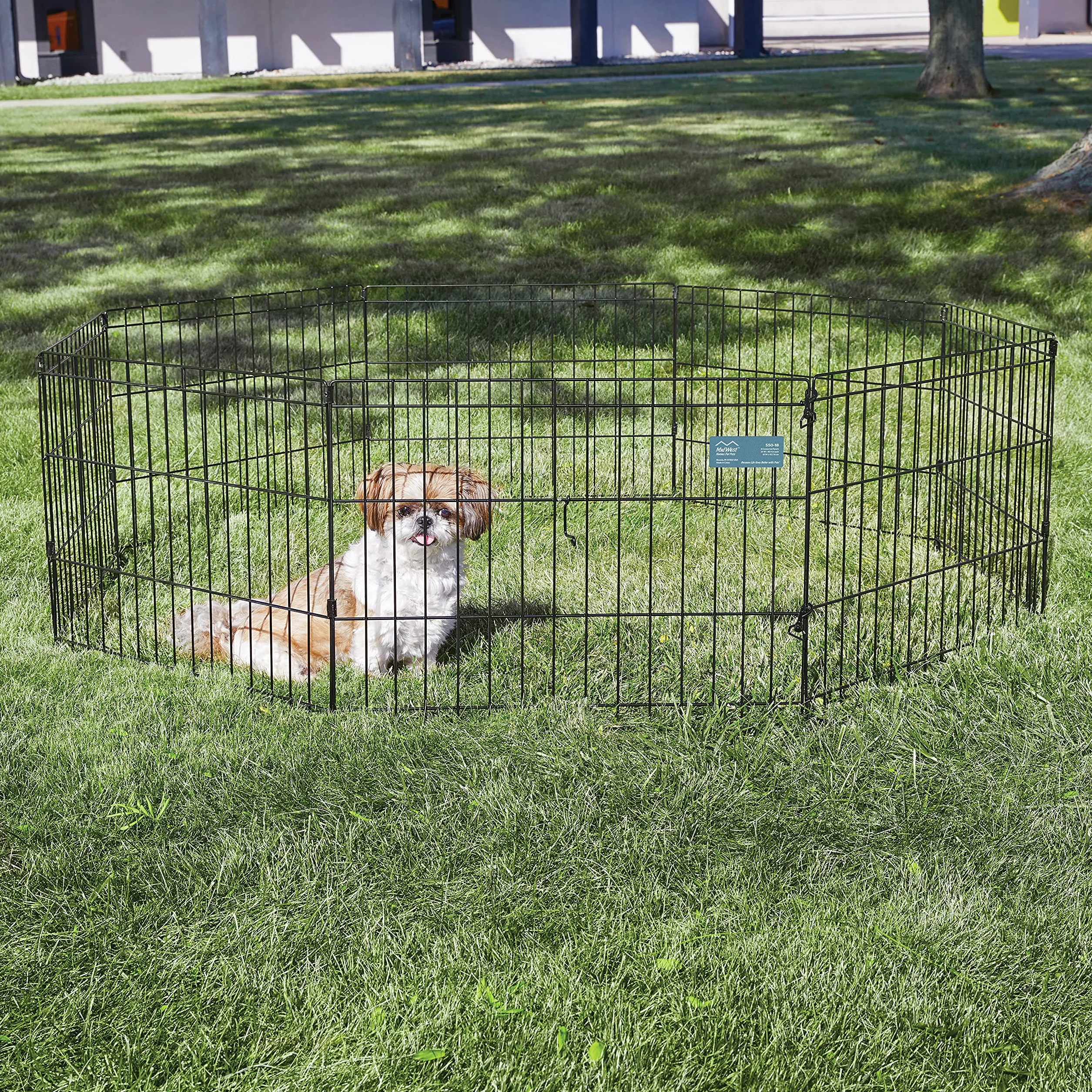 MidWest Homes for Pets Składany metalowy kojec do ćwiczeń dla psów i kojec dla zwierząt domowych bez drzwi, zawiera kołki uziemiające i zapewnia 1,5 metra przestrzeni do zabawy, wysokość 46 cm, czarna