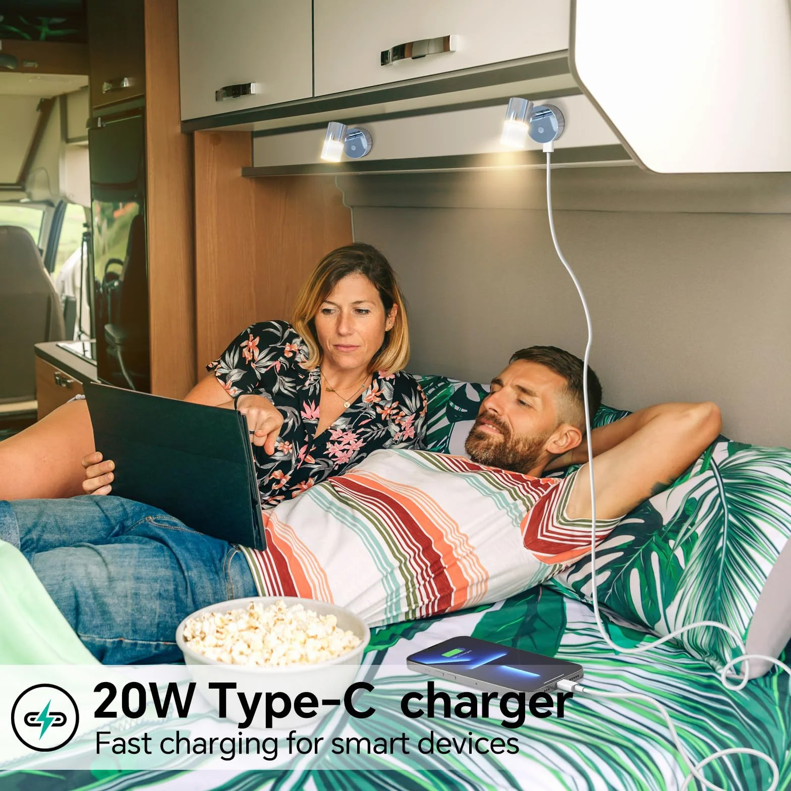 acegoo Lampa do czytania 12V, kamper nocny, ściemniana, obrotowa lampa ścienna LED z ładowarką USB C, matowy akrylowy abażur do kampera, DC 12-24V, chromowany