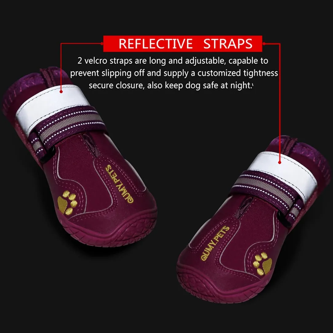 QUMY Buty dla psów wodoodporne buty dla psów z odblaskowymi paskami, wytrzymała antypoślizgowa podeszwa (rozmiar: 7: 2,8 cala x 9,2 (szer. x dł.), fioletowe)