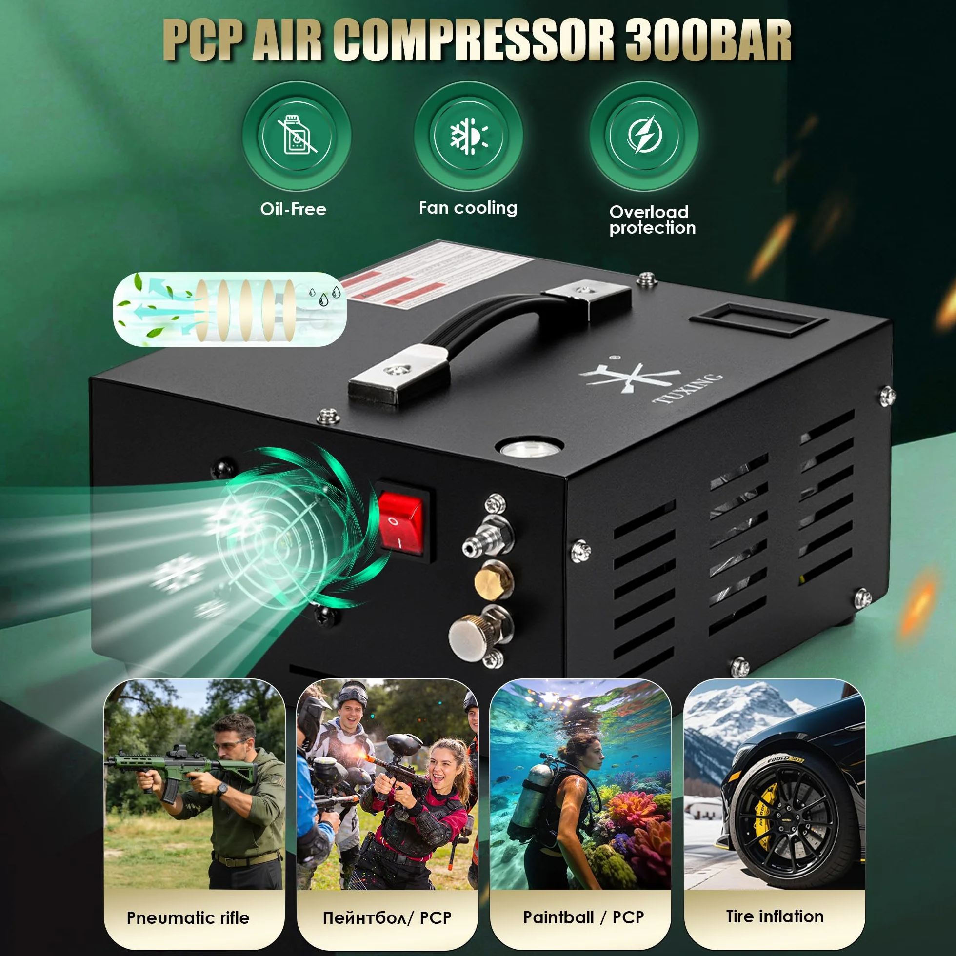 Sprężarka powietrza TUXING Pcp, 4500Psi 30Mpa, bezolejowa/wodna, zasilana samochodem 12 V DC lub domowym 220V AC z adapterem (w zestawie), pompa do wiatrówek i wiatrówek PCP (TXES061)