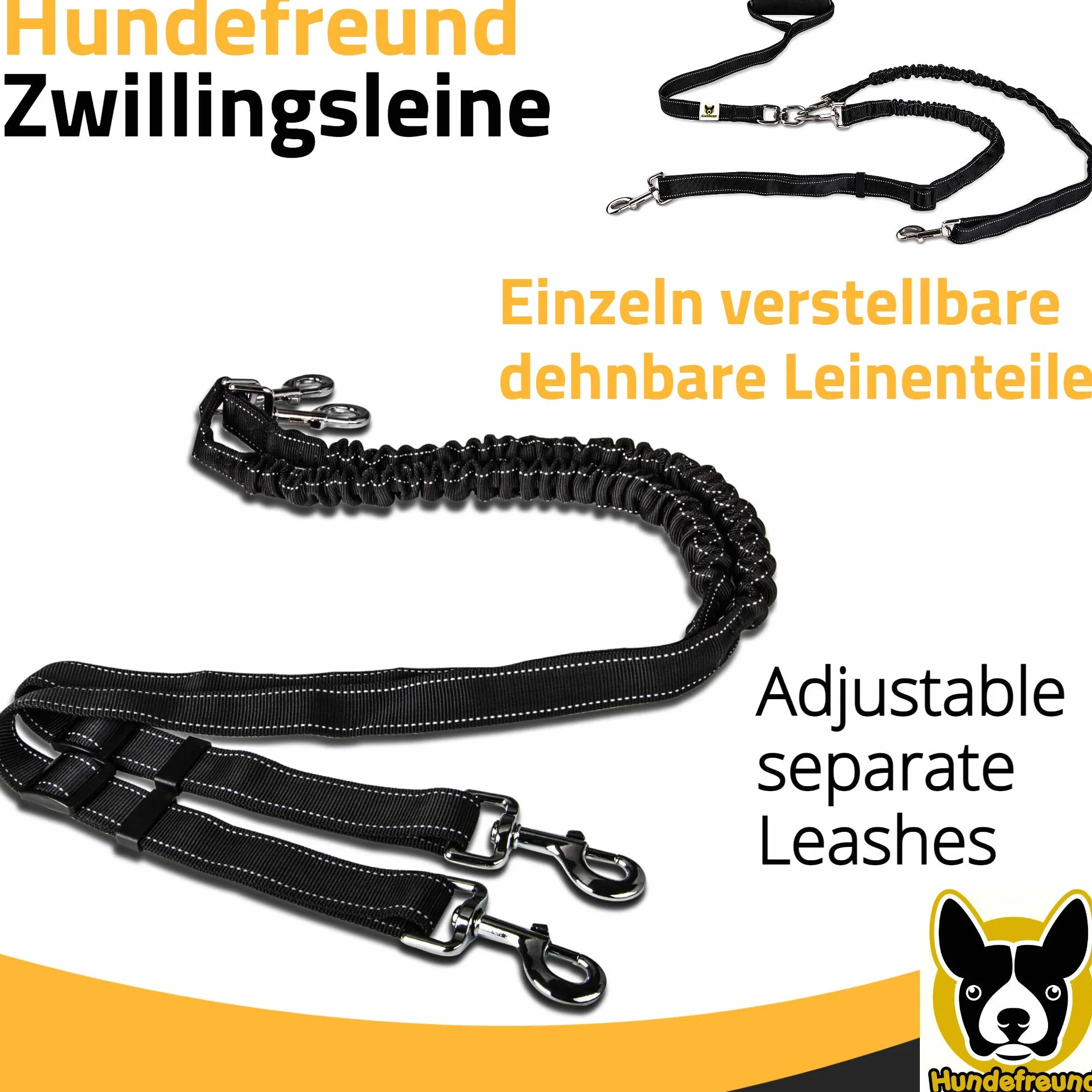 Smycz podwójna - smycz dla 2 dużych psów od 20 kg - podwójna smycz rozciągliwa, odblaskowa od 150 do 220 cm, z miękkim uchwytem