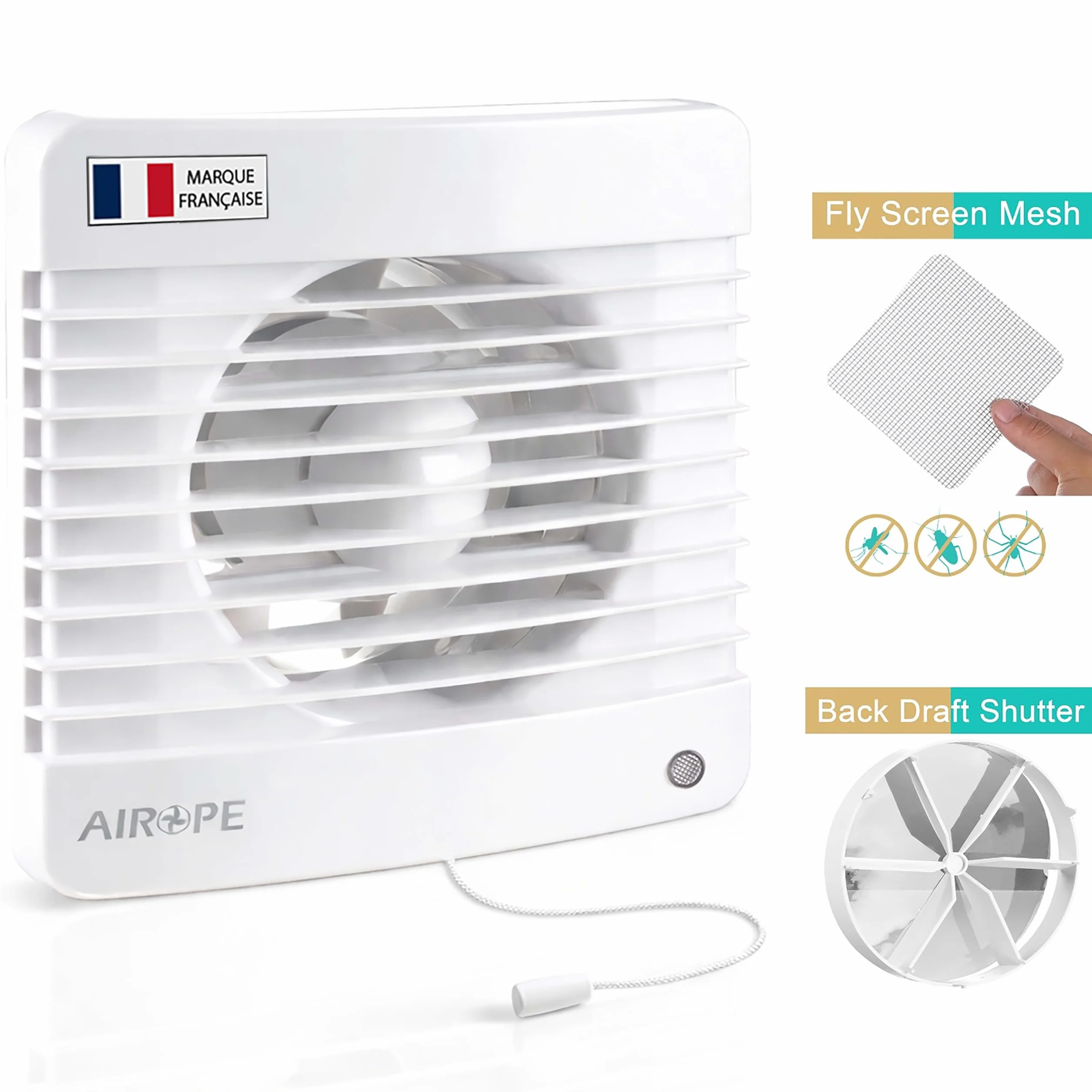 Wentylator wyciągowy powietrza VMC 100 mm z przełącznikiem suwakowym, zaworem zwrotnym + moskitiera, 7 W, 26 dB, do łazienki, kuchni, WC, cichy, 5 lat