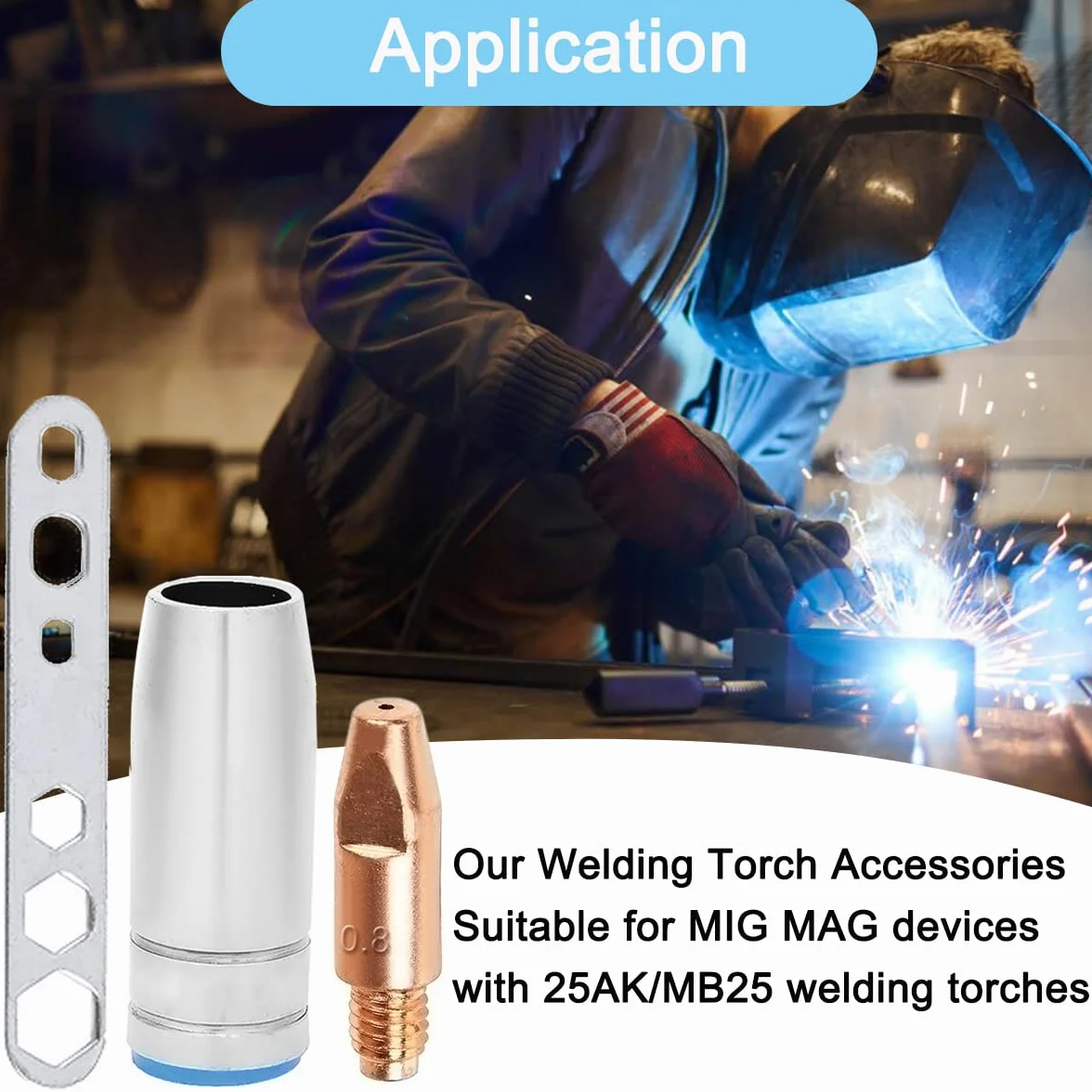 MB25 Końcówki spawalnicze 0,8 mm/0,030" M6x28mm do uchwytu palnika spawalniczego MB25 25AK MIG/MAG akcesoria eksploatacyjne z osłoną / dyszą gazową i kluczem (7 szt.)