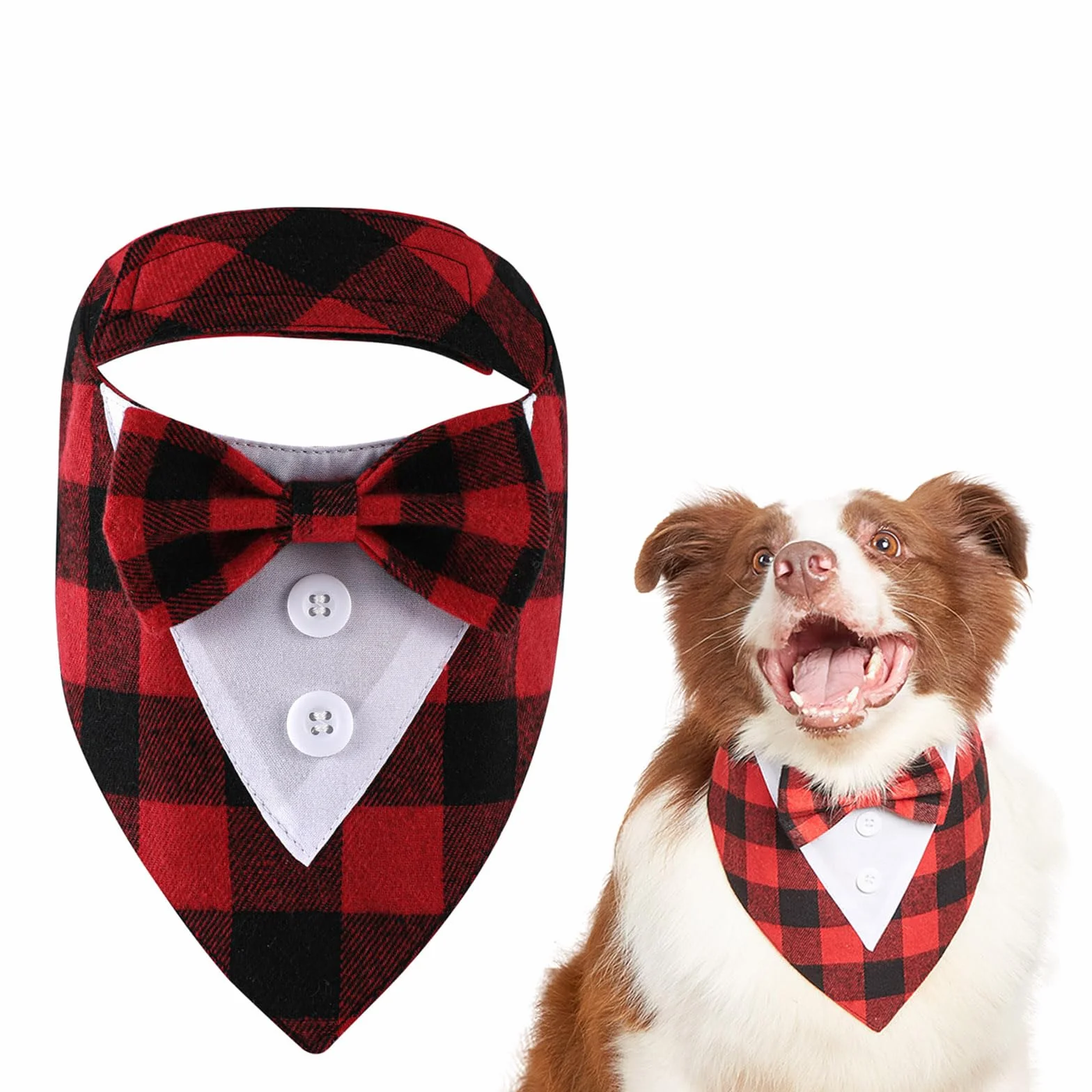 1 sztuka bandana smokingowa dla psa, formalna czerwona chustka na szyję dla psa, regulowana chustka dla psa, czerwona w kratę muszka dla psów, muszka dla psa kostium dla psa i kotów na wesele